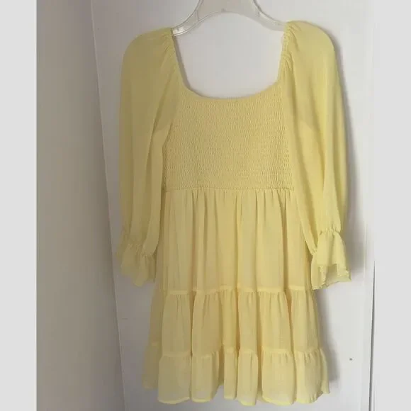 LUSH Yellow Smocked Bust Sheer LS Ruffle Hem Fit & Flare Spring Dress Size S #2 - Picture 3 of 8